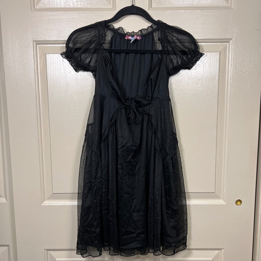 Urban Outfitters Womens Mesh Babydoll Puff Sleeve Mini Dress Coquette Black XS